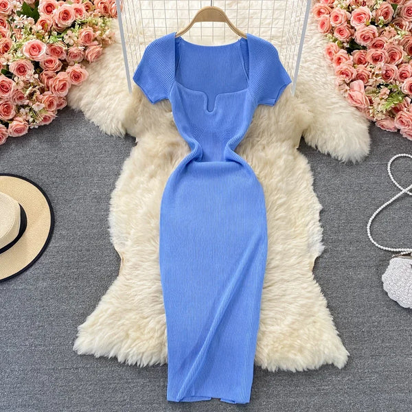 Sexy Chic Elastic Knit Bodycone Pencil Dress Midi Women Robe